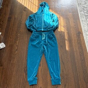 90 Degree By Reflex Teal Velvet Kids Hoodie & Jogger Set